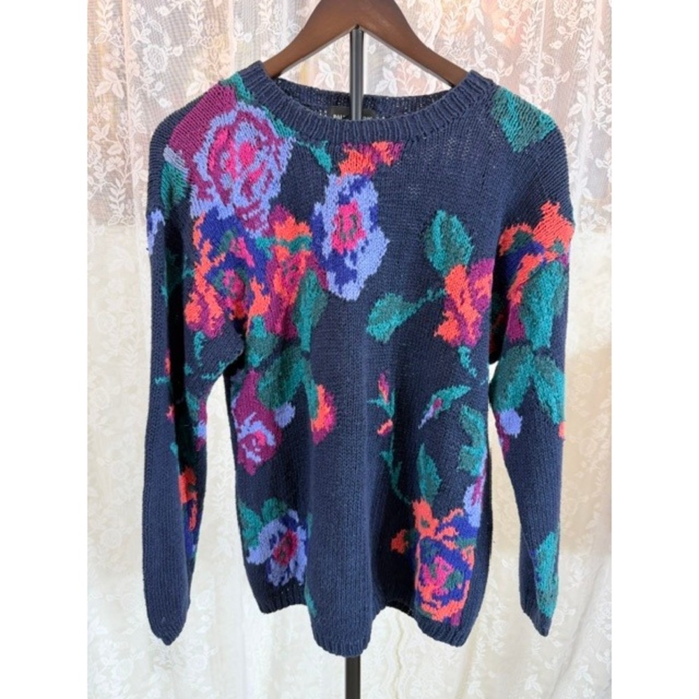 Vintage Paul Harris Navy Floral Intarsia Knit Sweater Ramie Cotton Blend Medium